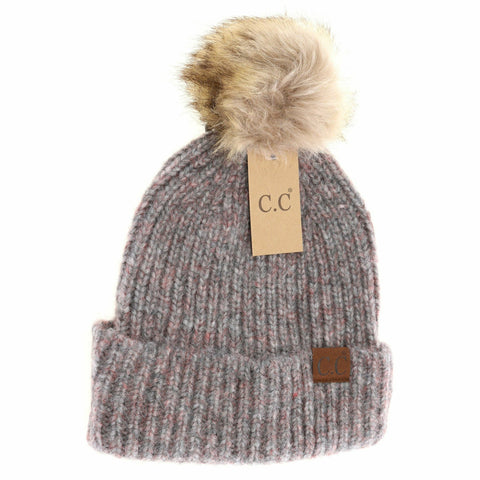 Dark Gray Multi Soft Ribbed Fur Pom C.C Beanie