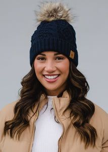 Navy Cable Knit Pom Hat