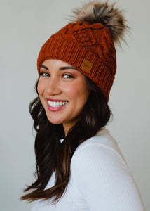 Rust Cable Knit Pom Hat