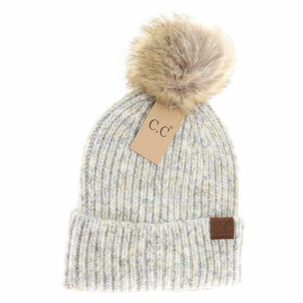 Dark Gray Multi Soft Ribbed Fur Pom C.C Beanie