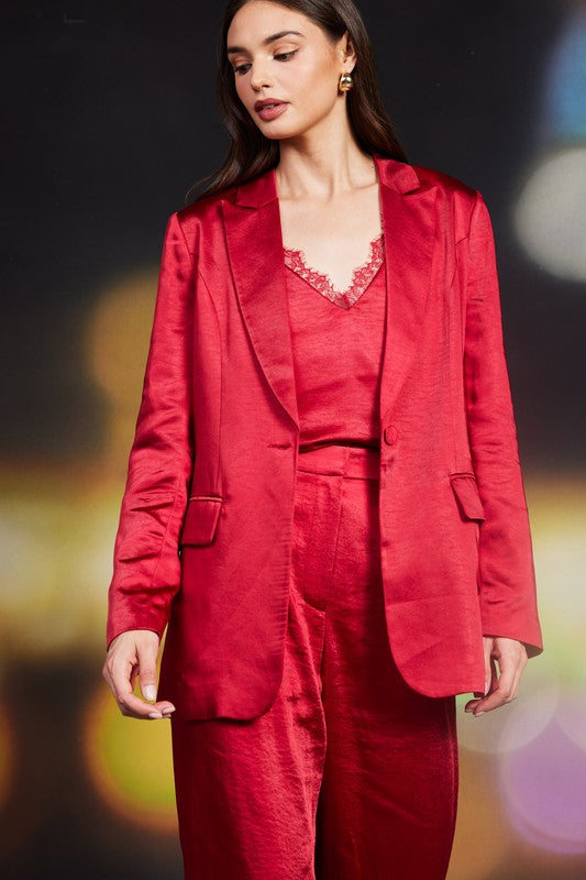 the Alessia Red Satin Blazer