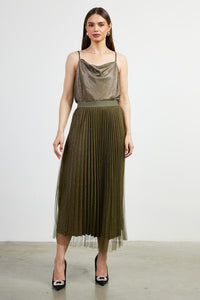 the Jillian Olive pleated sparkle skirt