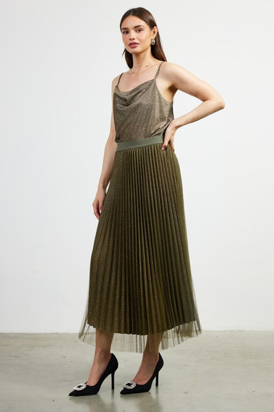 the Jillian Olive pleated sparkle skirt