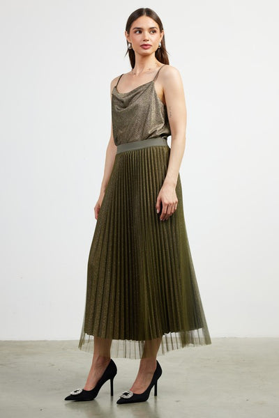 the Jillian Olive pleated sparkle skirt