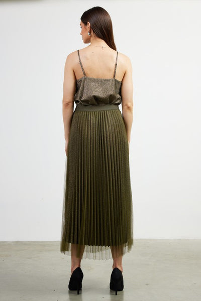 the Jillian Olive pleated sparkle skirt