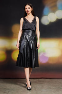 the Danni Black Faux leather A-line skirt