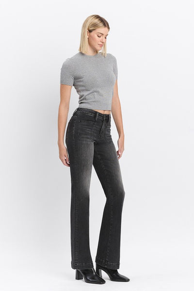 Patch Pocket High Rise Black Flare Jeans - Flying Monkey - A7