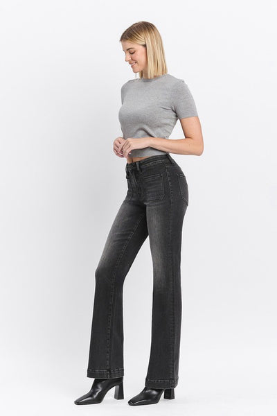 Patch Pocket High Rise Black Flare Jeans - Flying Monkey - A7