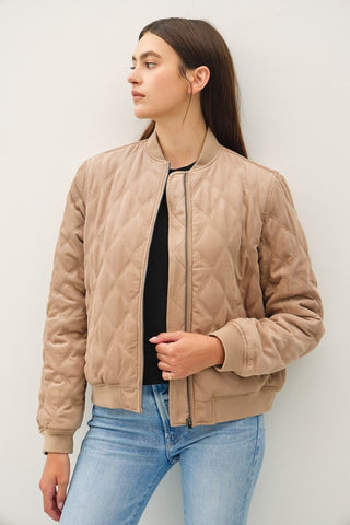 the Camila - Taupe Quilted zip up furry jacket