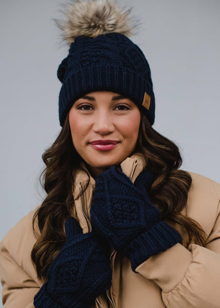 Navy Cable Knit Pom Hat