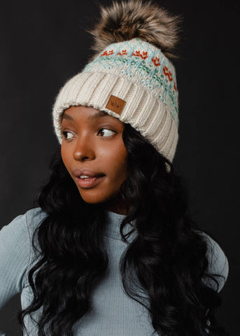 Ivory, Lt. Blue, Mint & Orange Patterned Pom Hat