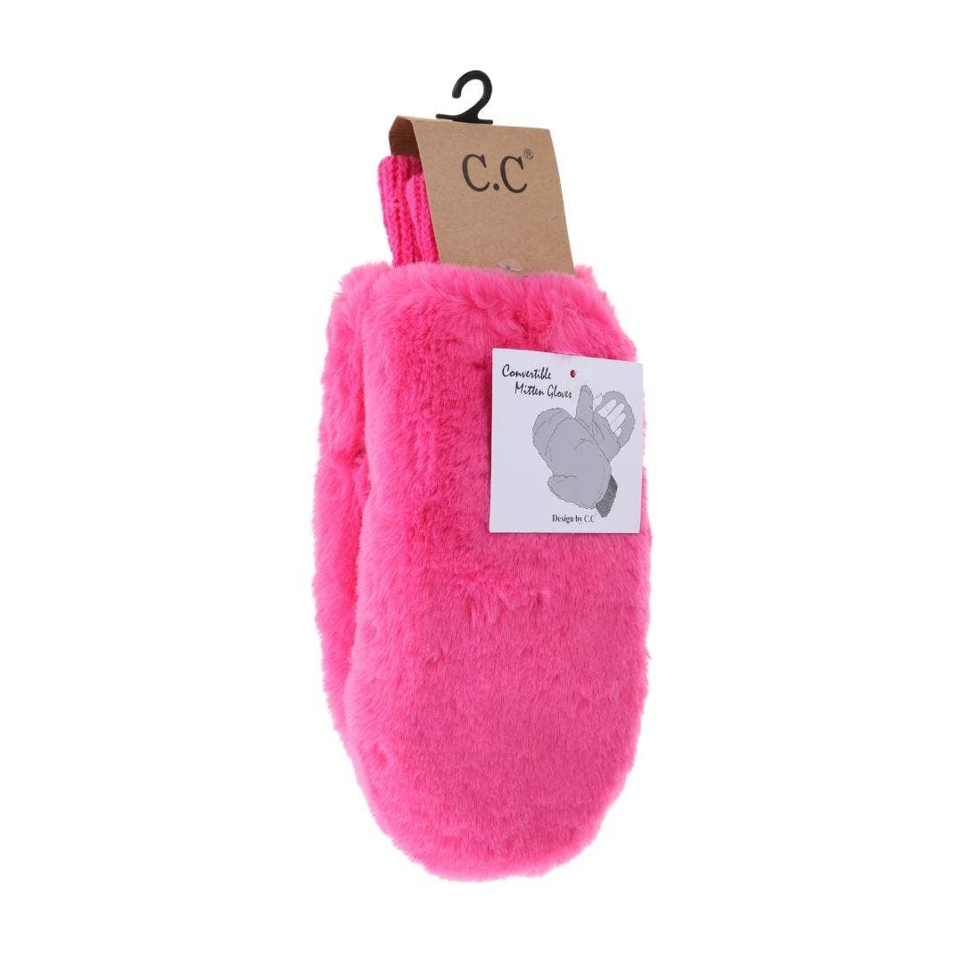 Hot Pink Fuzzy Lined Fur Women's Convertible Mittens