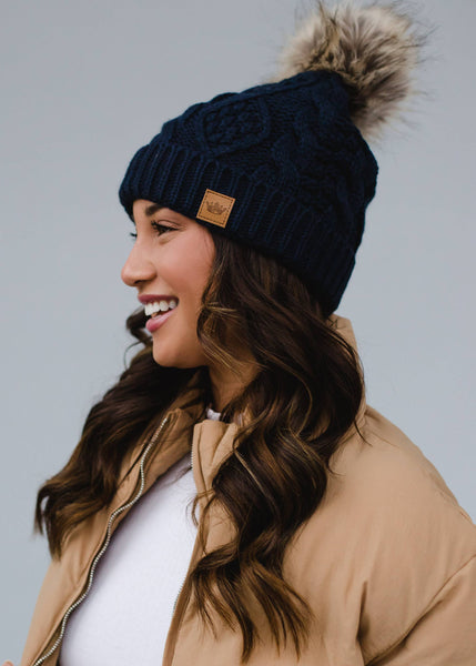 Navy Cable Knit Pom Hat