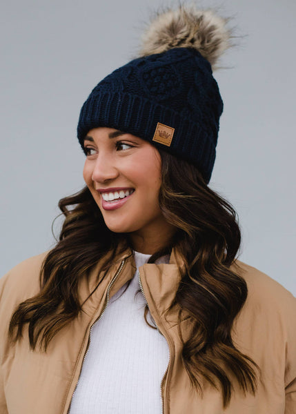 Navy Cable Knit Pom Hat