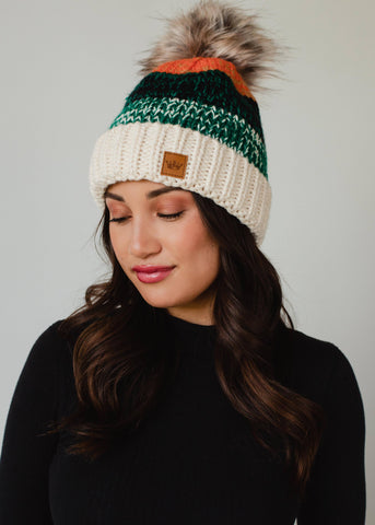 White, Green & Orange Patterned Pom Hat