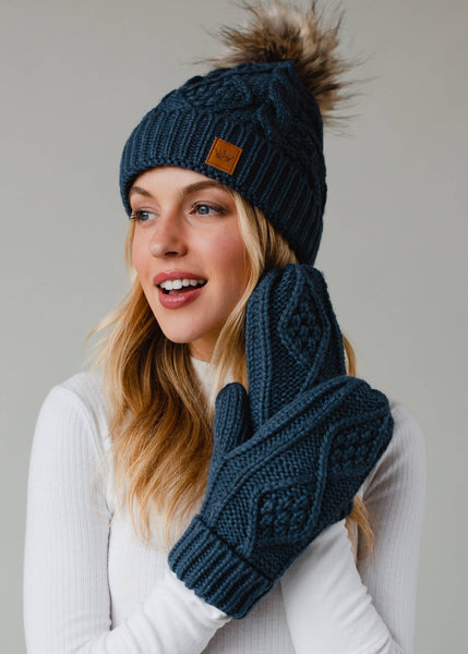 Steel Blue Cable Knit Mittens