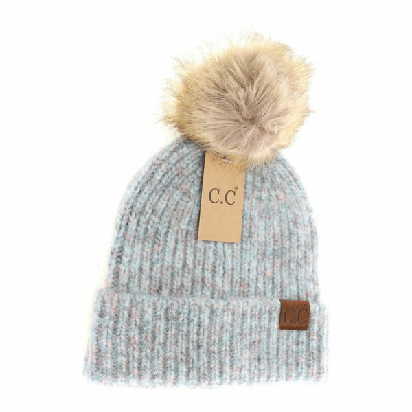 Dark Gray Multi Soft Ribbed Fur Pom C.C Beanie