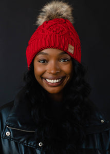 Red Cable Knit Pom Hat