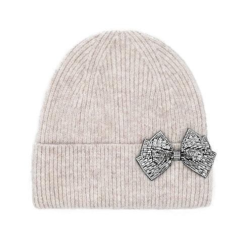 Oatmeal Rhinestone Bow Cuff Beanie