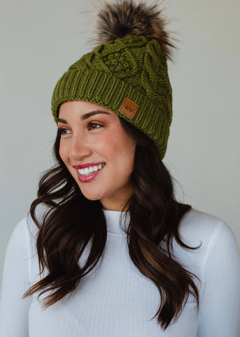 Olive Cable Knit Pom Hat