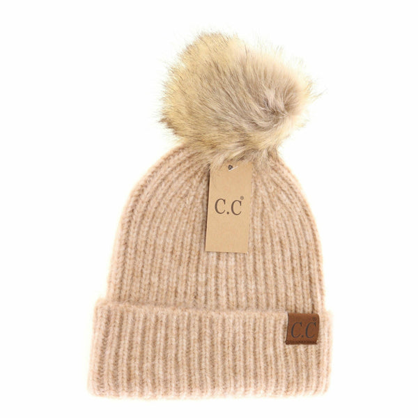 Dark Gray Multi Soft Ribbed Fur Pom C.C Beanie