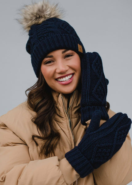 Navy Cable Knit Pom Hat