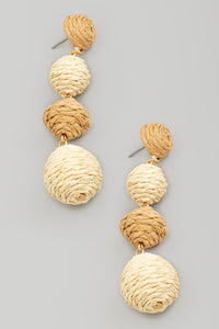 Straw Braid Triple Ball Drop Earrings