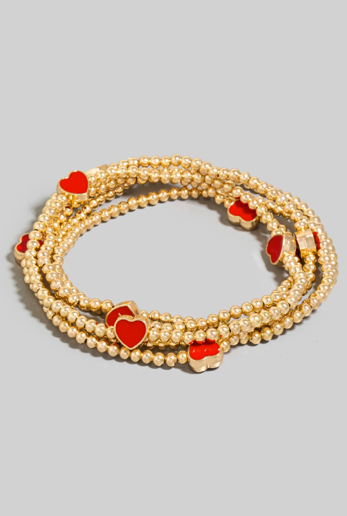 Red Heart Charms Metallic Beaded Bracelet Set