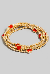 Red Heart Charms Metallic Beaded Bracelet Set