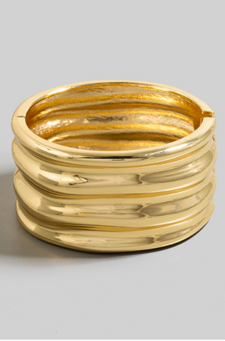 Gold Wavy Textured Wide Hinge Bangle Bracelet