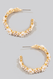 Pearl Beads And Flower Hoop Earrings