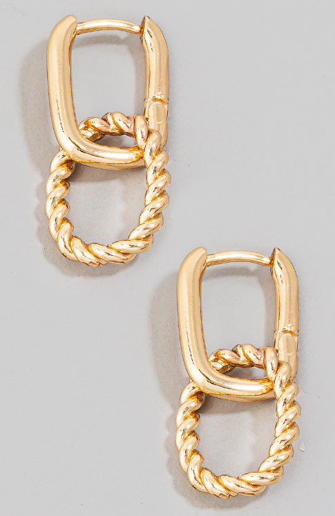 Gold Braided Hoop Charm Rectangle Hinge Hoop Earrings