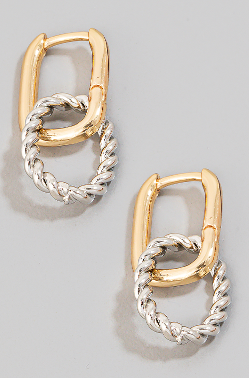 Mixed Metal Braided Hoop Charm Rectangle Hinge Hoop Earrings