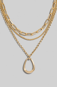 Gold Oval Pendant Layered Chains Necklace