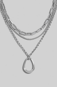 Silver Oval Pendant Layered Chains Necklace