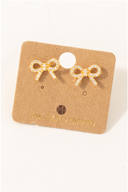 Cz Pave Ribbon Bow Stud Earrings Gold Dipped