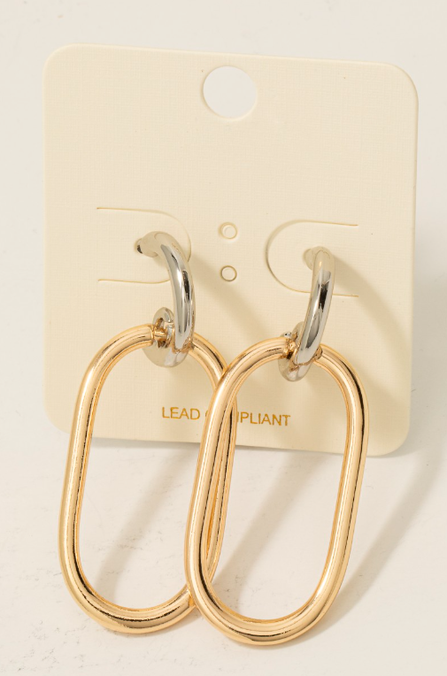 Two Tone Large Oval Charm Hoop Earrings