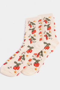 Strawberries And Flowers Embroidered Beige Socks