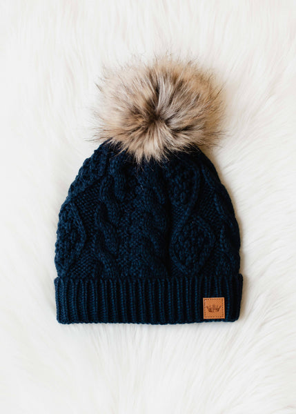 Navy Cable Knit Pom Hat