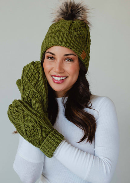 Olive Cable Knit Mittens