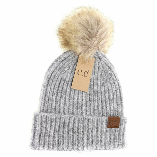 Dark Gray Multi Soft Ribbed Fur Pom C.C Beanie