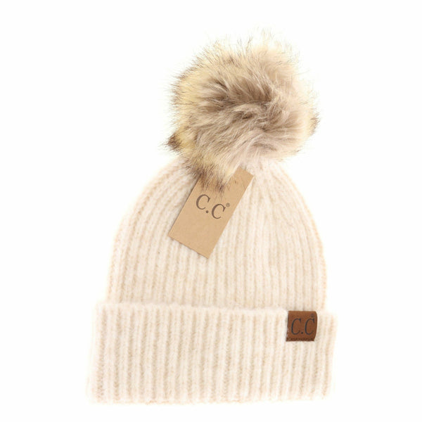 Dark Gray Multi Soft Ribbed Fur Pom C.C Beanie