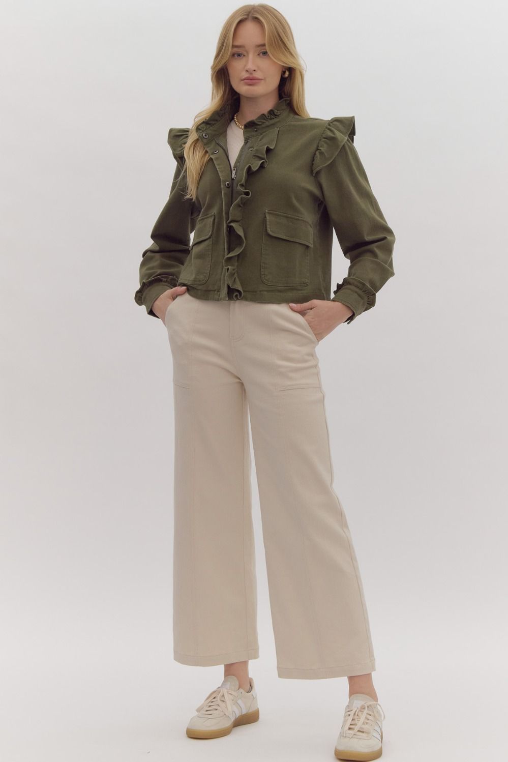 the Gianna Olive Ruffle coat