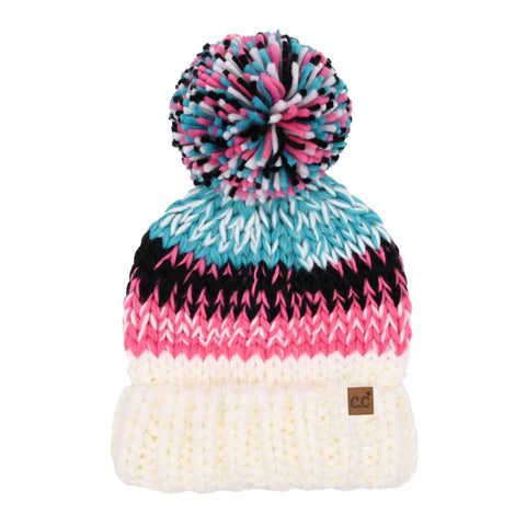 Multi Color Chunky Yarn C.C Pom Beanie